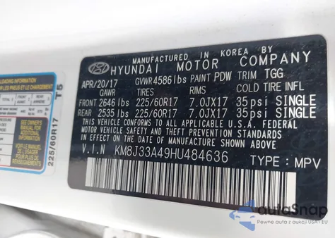 2017 Hyundai Tucson Se z USA, uszkodzony, nr VIN KM8J33A49HU484636